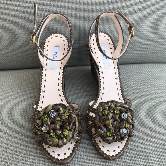 Prada Green Wedge Sandals - Picture 2 of 6